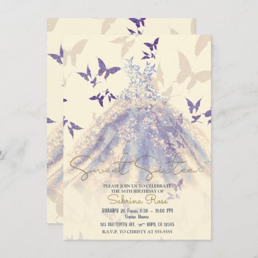 ブルーパープルアイボリーバタフライダンスドレス甘い16 招待状 (正面/裏面)
