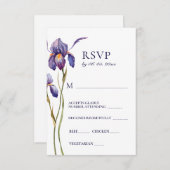 ブルーパープルアイリスフローラ水彩結婚式RSVP 出欠カード (正面/裏面)