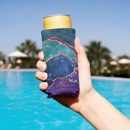ブルーパープルアクア金ゴールド静脈瑪瑙モノグラム スリム缶クーラー (インサイチュ プール)