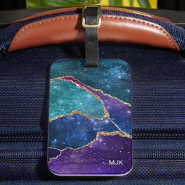 ブルーパープルアクア金ゴールド静脈瑪瑙モノグラム ラゲッジタグ