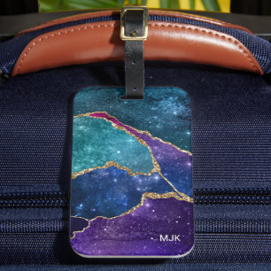 ブルーパープルアクア金ゴールド静脈瑪瑙モノグラム ラゲッジタグ