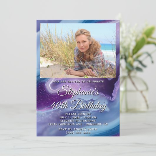 ブルーパープルアゲートジオード写真枠 40歳の誕生日 招待状 (スタンド正面)