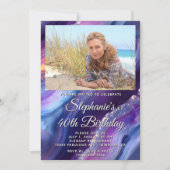 ブルーパープルアゲート縁どト写真40歳の誕生日 招待状 (正面)