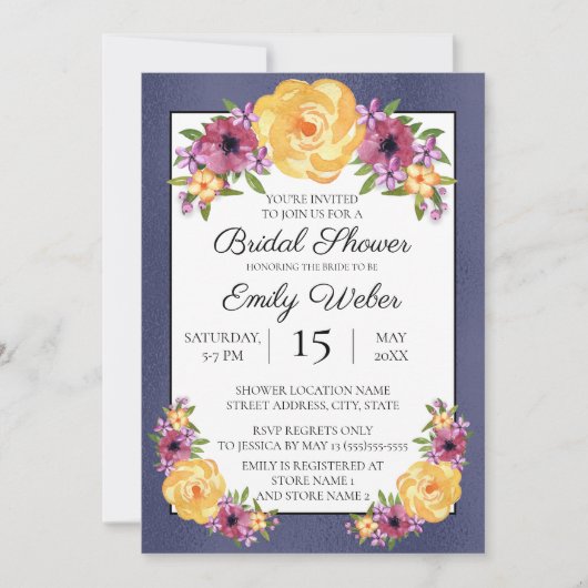 ブルーパープルイエローフローラブライダルシャワー招待状 招待状 (正面)