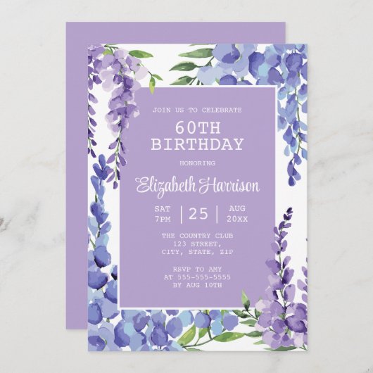 ブルーパープルウィステリアフローラ60誕生日 招待状 (正面/裏面)