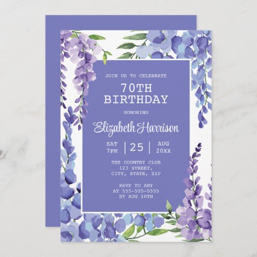 ブルーパープルウィステリアフローラ70誕生日 招待状 (正面/裏面)