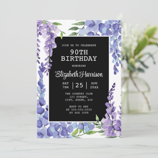 ブルーパープルウィステリアフローラ90誕生日 招待状 (スタンド正面)