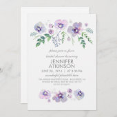 ブルーパープルウォーターカラーフラワーズブライダルシャワー 招待状 (正面/裏面)