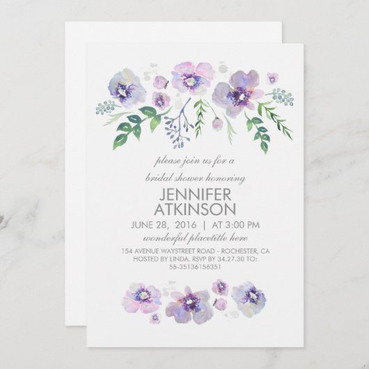 ブルーパープルウォーターカラーフラワーズブライダルシャワー 招待状 (正面/裏面)