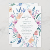 ブルーパープルウォーターカラーフラワーズ結婚式招待状 招待状 (正面/裏面)