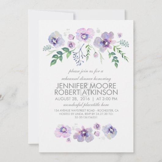 ブルーパープルウォーターカラーフラワーリハーサルディナー 招待状 (正面)