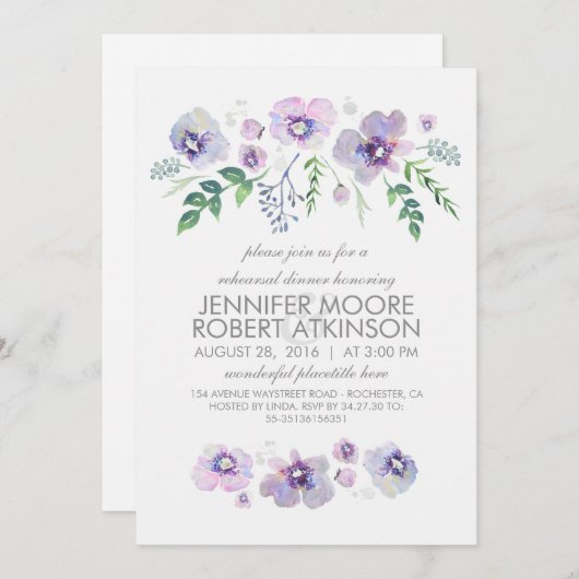 ブルーパープルウォーターカラーフラワーリハーサルディナー 招待状 (正面/裏面)