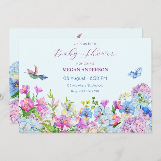 ブルーパープルウォーターカラーフラワー開花ベビーシャワー 招待状 (正面/裏面)