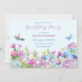 ブルーパープルウォーターカラーフラワー開花誕生日 招待状 (正面)
