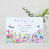 ブルーパープルウォーターカラーフラワー開花誕生日 招待状 (スタンド正面)