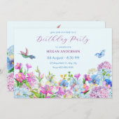 ブルーパープルウォーターカラーフラワー開花誕生日 招待状 (正面/裏面)