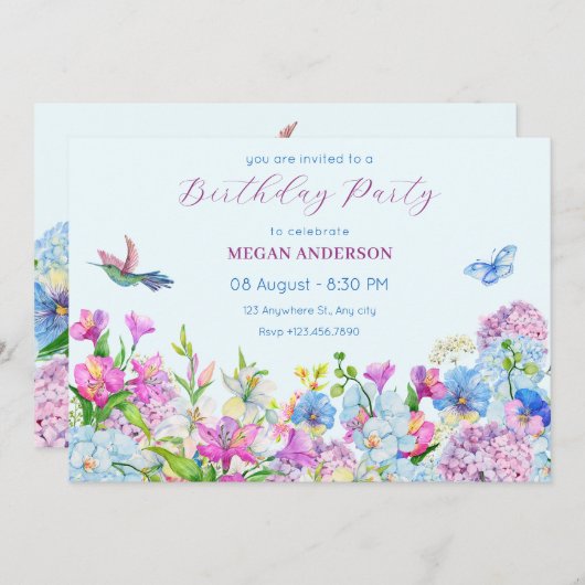 ブルーパープルウォーターカラーフラワー開花誕生日 招待状 (正面/裏面)