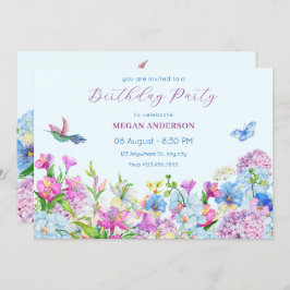 ブルーパープルウォーターカラーフラワー開花誕生日 招待状