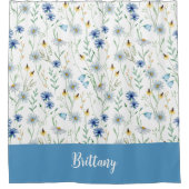 ブルーパープルウォーターカラーワイルドフラワーモノグラム シャワーカーテン (正面)