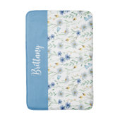 ブルーパープルウォーターカラーワイルドフラワーモノグラム バスマット (正面縦)