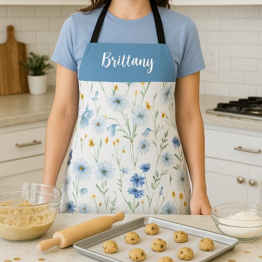 ブルーパープルウォーターカラーワイルドフラワー名前をカスタムする エプロン