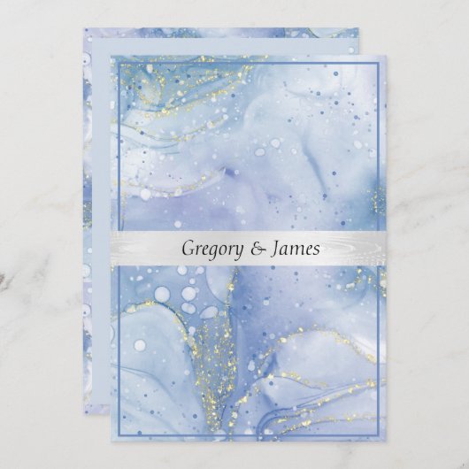 ブルーパープルエレガントホワイトウォーター色シルバーサテン 招待状 (正面/裏面)