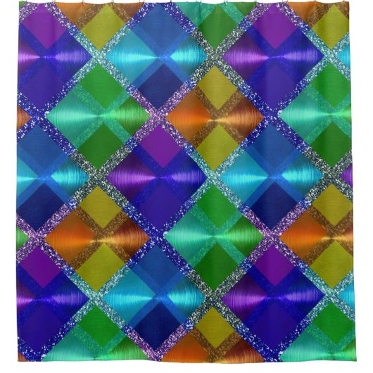 ブルーパープルオレンジグリーングリッタープレイドデザイン シャワーカーテン (正面)