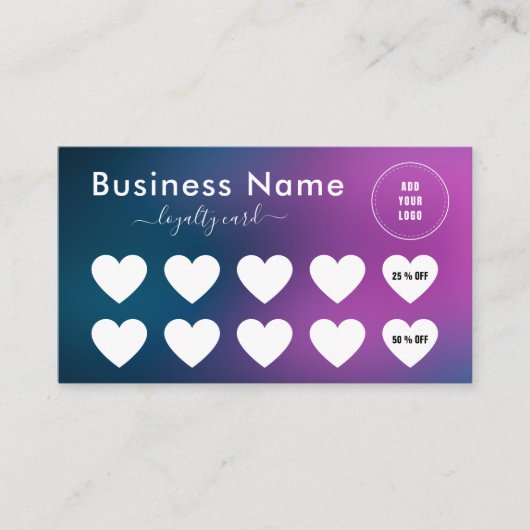 ブルーパープルグラディエントシンプルのロゴを追加ソーシャルメディア ロイヤリティカード (正面)