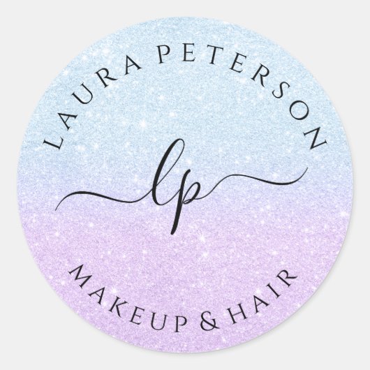 ブルーパープルグリッター手書き文字書き ラウンドシール (正面)