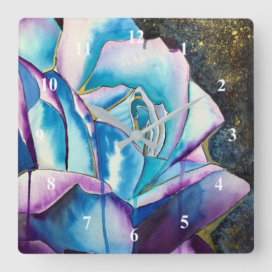 ブルーパープルゴシック水彩画バラ美術 スクエア壁時計 (正面)
