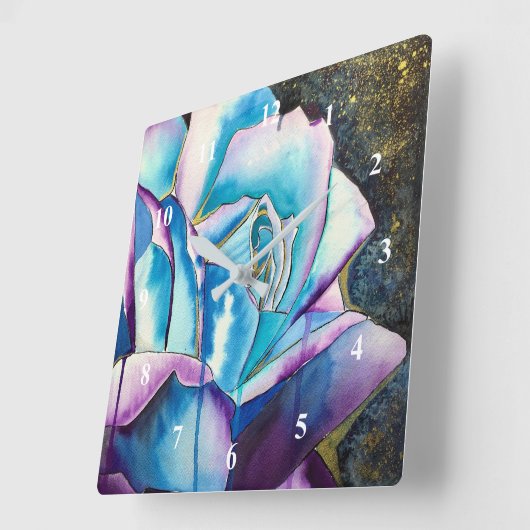ブルーパープルゴシック水彩画バラ美術 スクエア壁時計 (傾斜)