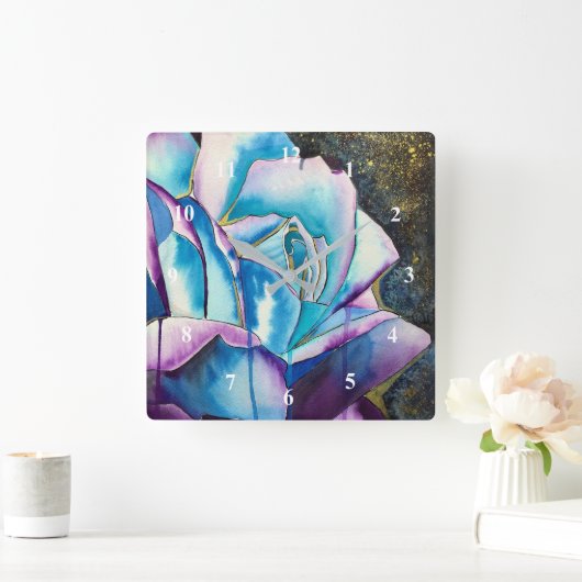 ブルーパープルゴシック水彩画バラ美術 スクエア壁時計 (ホーム)