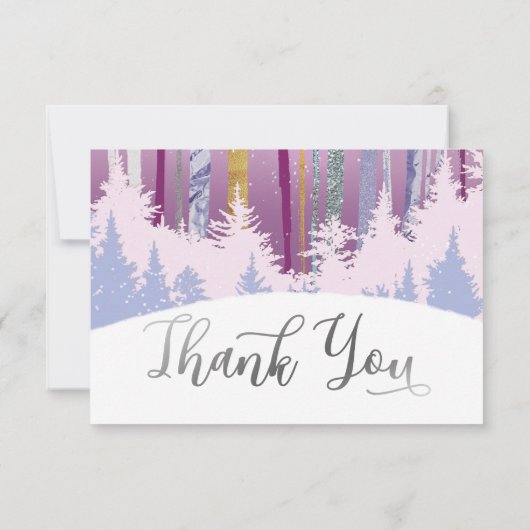 ブルーパープルシルバースノーウッドウィンターツリーズ誕生日 サンキューカード (裏面)