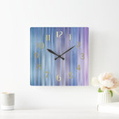 ブルーパープルストライプズ スクエア壁時計 (ホーム)