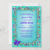 ブルーパープルターコイズきらめくジュエリー蝶 招待状 (裏面)