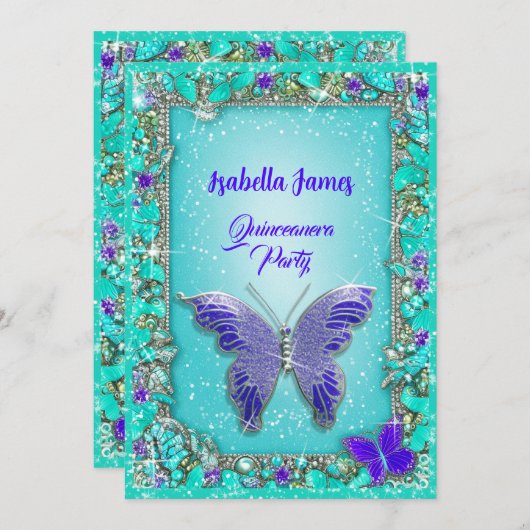 ブルーパープルターコイズきらめくジュエリー蝶 招待状 (正面/裏面)