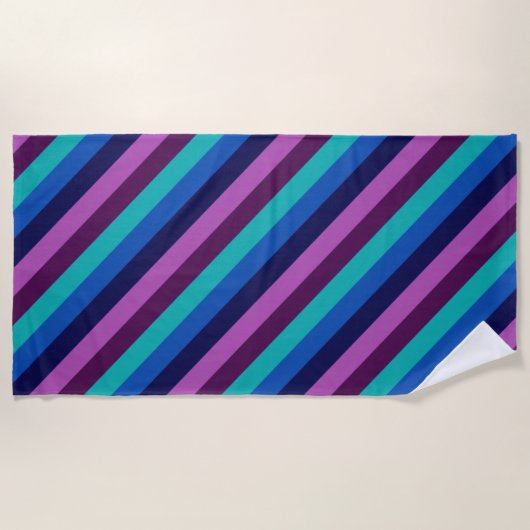 ブルーパープルティール(緑がかった色)ストライプビーチタオル ビーチタオル (正面)