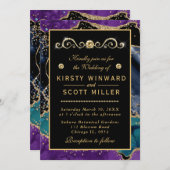 ブルーパープルティール（緑がかった色）金ゴールドグリッターアゲ結婚ートズ 招待状 (正面/裏面)