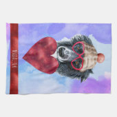 ブルーパープルドッグ恋人バレンタインデー縁どスコリー キッチンタオル (横)