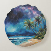 ブルーパープルナイトスカイスターズトロピカルビーチパームズ ラウンドクッション (裏面)