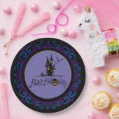 ブルーパープルハッピーハローウィン幽霊のよく出るハウス ペーパープレート (パーティー)