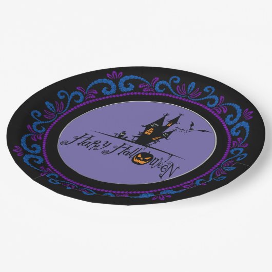 ブルーパープルハッピーハローウィン幽霊のよく出るハウス ペーパープレート (アングル)