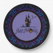 ブルーパープルハッピーハローウィン幽霊のよく出るハウス ペーパープレート (正面)