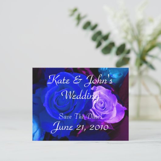 ブルーパープルバラ日付の保存 案内ポストカード (スタンド正面)