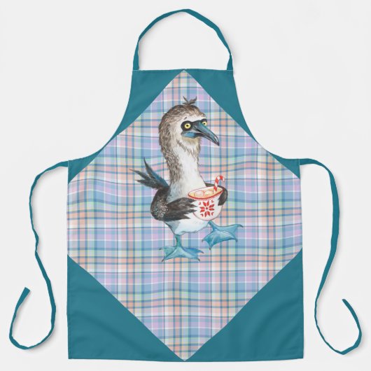 ブルーパープルピンクの格子柄の生意気なクリスマスペンギン エプロン (正面)