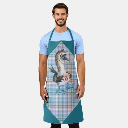 ブルーパープルピンクの格子柄の生意気なクリスマスペンギン エプロン (着用した状態)