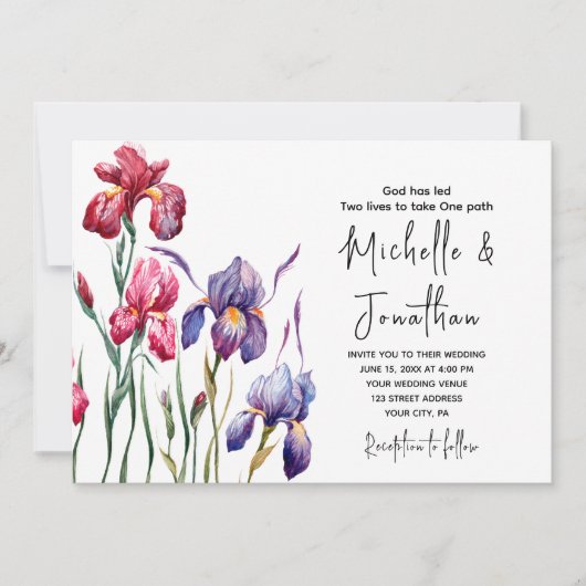 ブルーパープルピンクアイリスガーデンクリスチャン結婚ズ 招待状 (正面)
