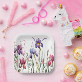 ブルーパープルピンクアイリス花水彩園 ペーパープレート (パーティー)