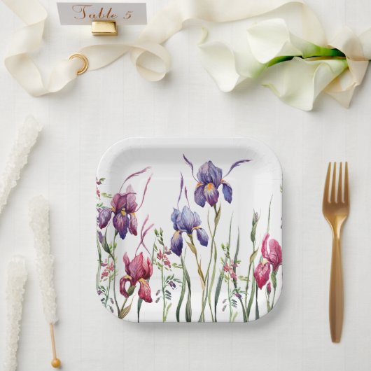 ブルーパープルピンクアイリス花水彩園 ペーパープレート (ウェディング)