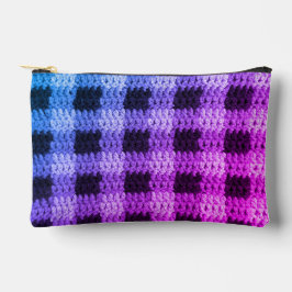 ブルーパープルピンクウズプレイドアーティザンクロシェプリント アクセサリーポーチ